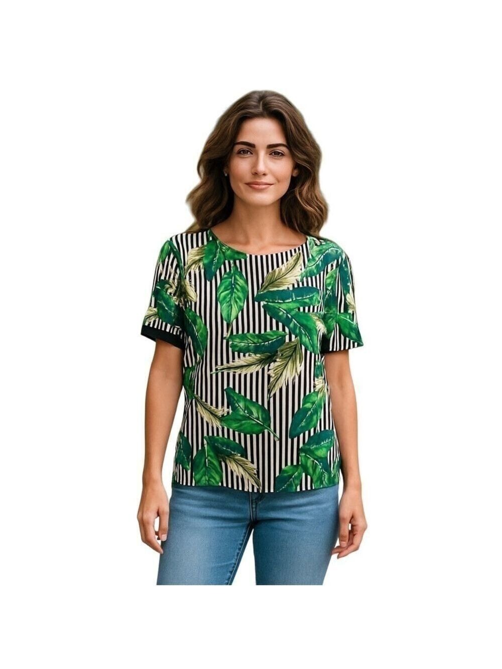 Faith and Joy top ruffle cap sleeve candy stripes black white green leaves sz L